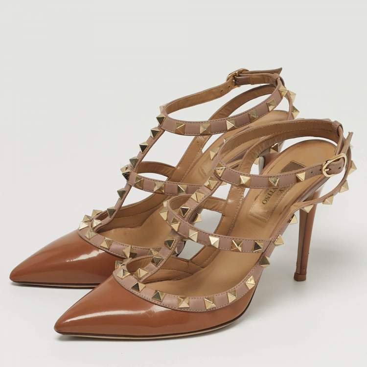 Pre Owned حذاء كعب عالي فالنتينو روكستد جلد بني لامع بحزام للكاحل مقاس 36