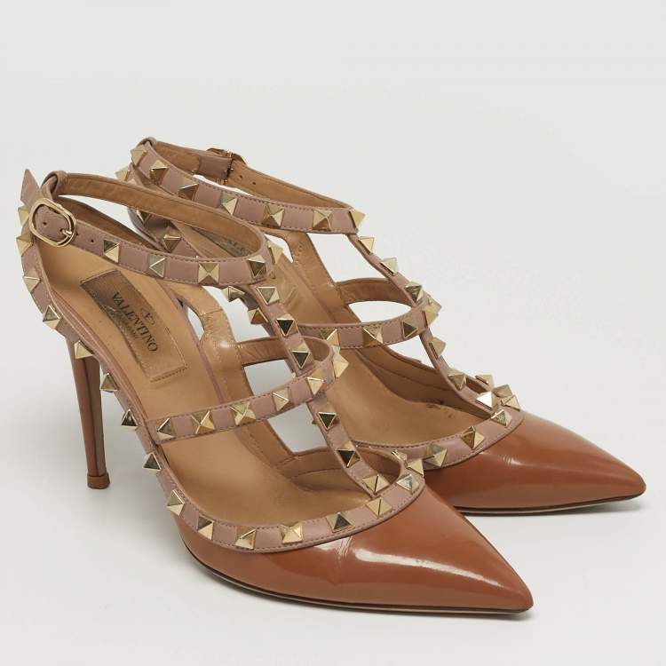 Pre Owned حذاء كعب عالي فالنتينو روكستد جلد بني لامع بحزام للكاحل مقاس 36