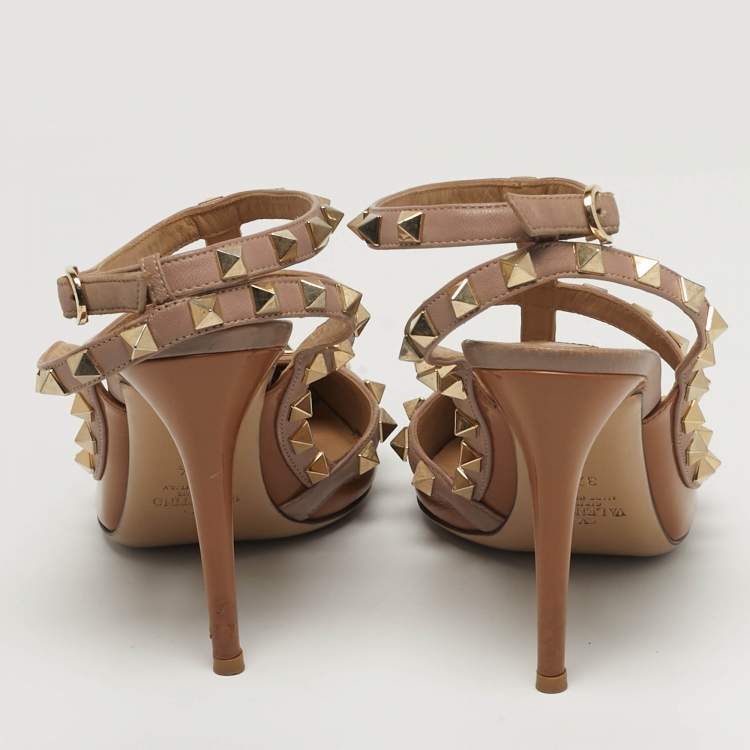 Pre Owned حذاء كعب عالي فالنتينو روكستد جلد بني لامع بحزام للكاحل مقاس 36