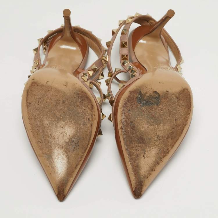 Pre Owned حذاء كعب عالي فالنتينو روكستد جلد بني لامع بحزا م للكاحل مقاس 36