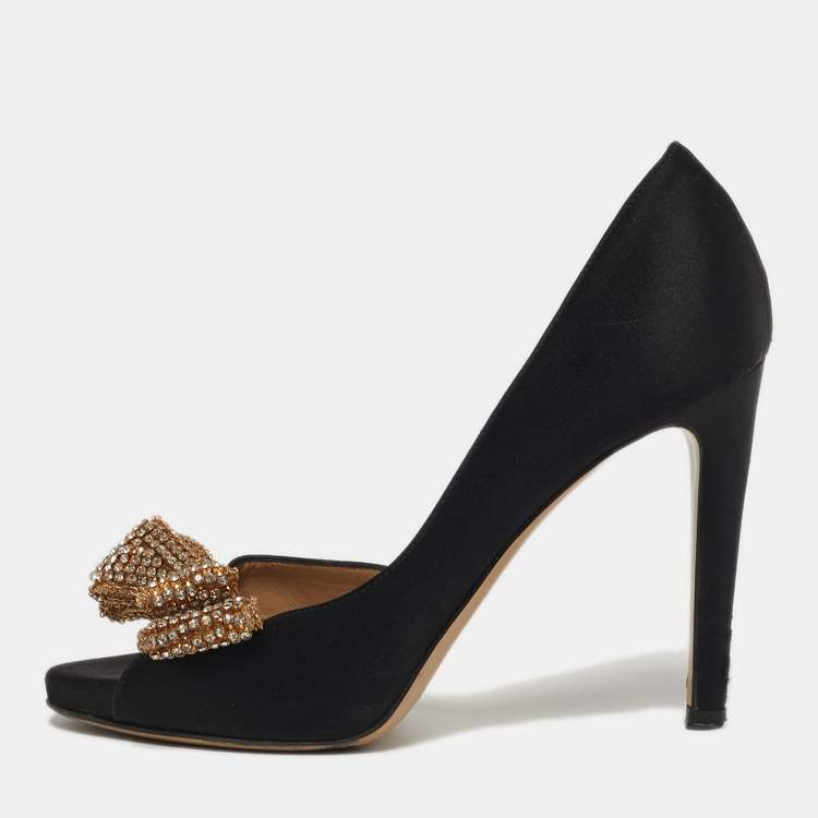Pre Owned Valentino Size 36 Black Satin Bow Crystal Embellished D'orsay Pumps