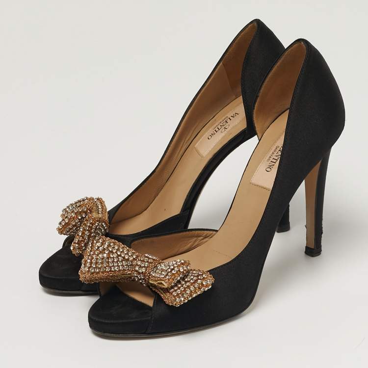 Pre Owned Valentino Size 36 Black Satin Bow Crystal Embellished D'orsay Pumps