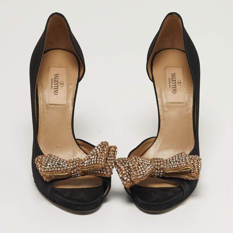Pre Owned Valentino Size 36 Black Satin Bow Crystal Embellished D'orsay Pumps