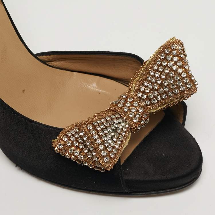 Pre Owned Valentino Size 36 Black Satin Bow Crystal Embellished D'orsay Pumps
