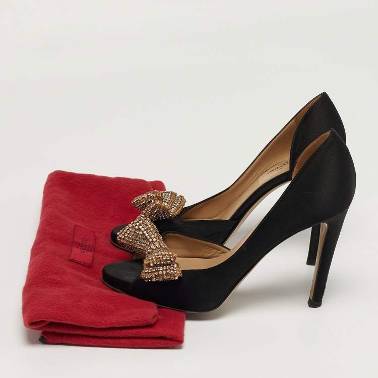 Pre Owned Valentino Size 36 Black Satin Bow Crystal Embellished D'orsay Pumps