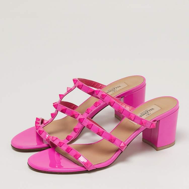 Pre Owned Valentino Rockstud Size 38 Pink Patent Leather Slide Sandals
