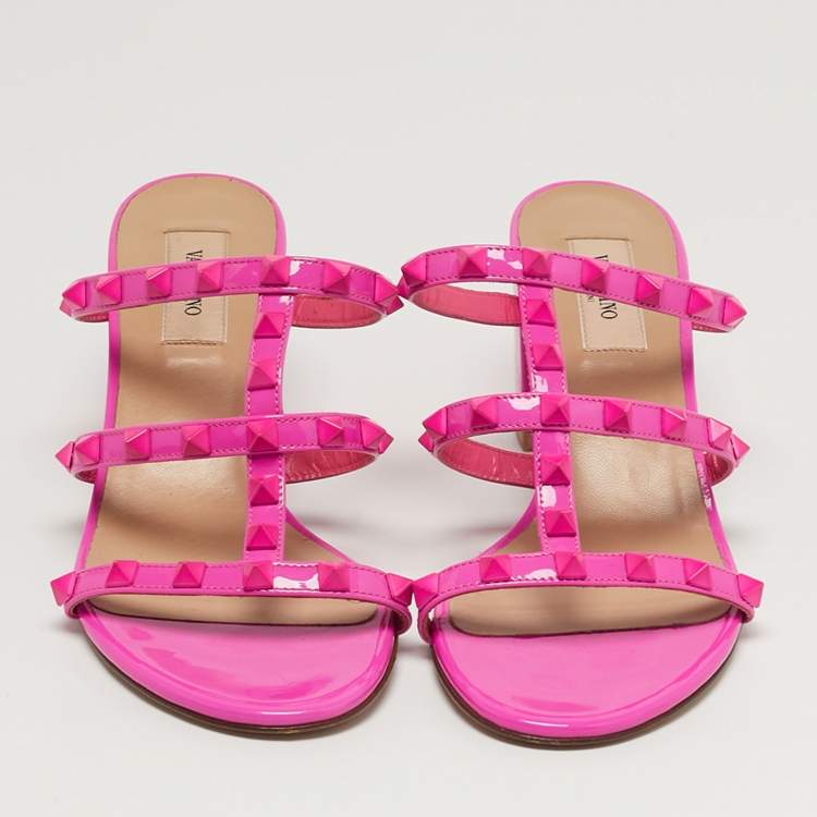 Pre Owned Valentino Rockstud Size 38 Pink Patent Leather Slide Sandals