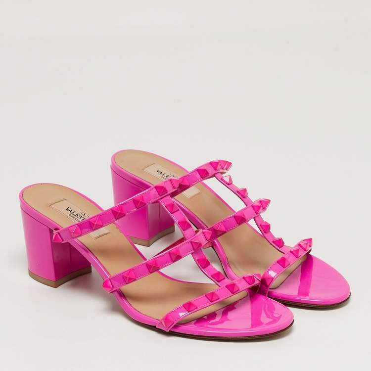 Pre Owned Valentino Rockstud Size 38 Pink Patent Leather Slide Sandals