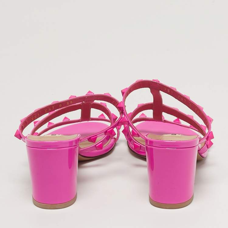 Pre Owned Valentino Rockstud Size 38 Pink Patent Leather Slide Sandals