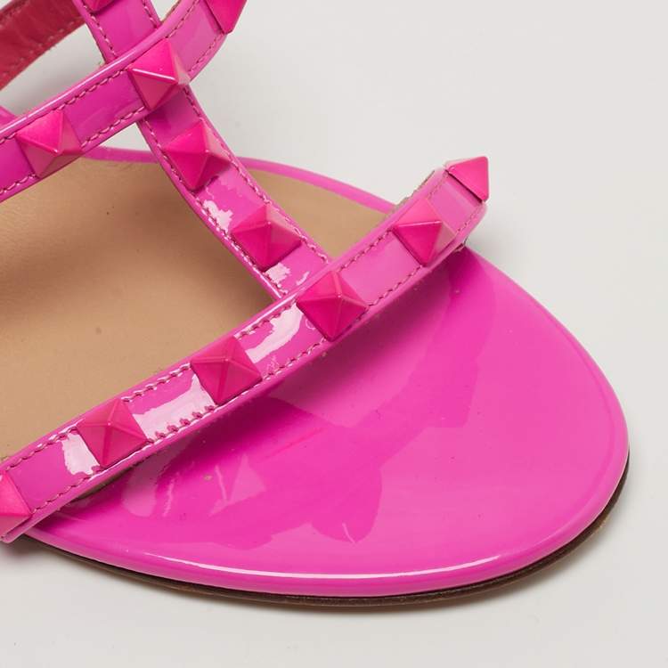 Pre Owned Valentino Rockstud Size 38 Pink Patent Leather Slide Sandals