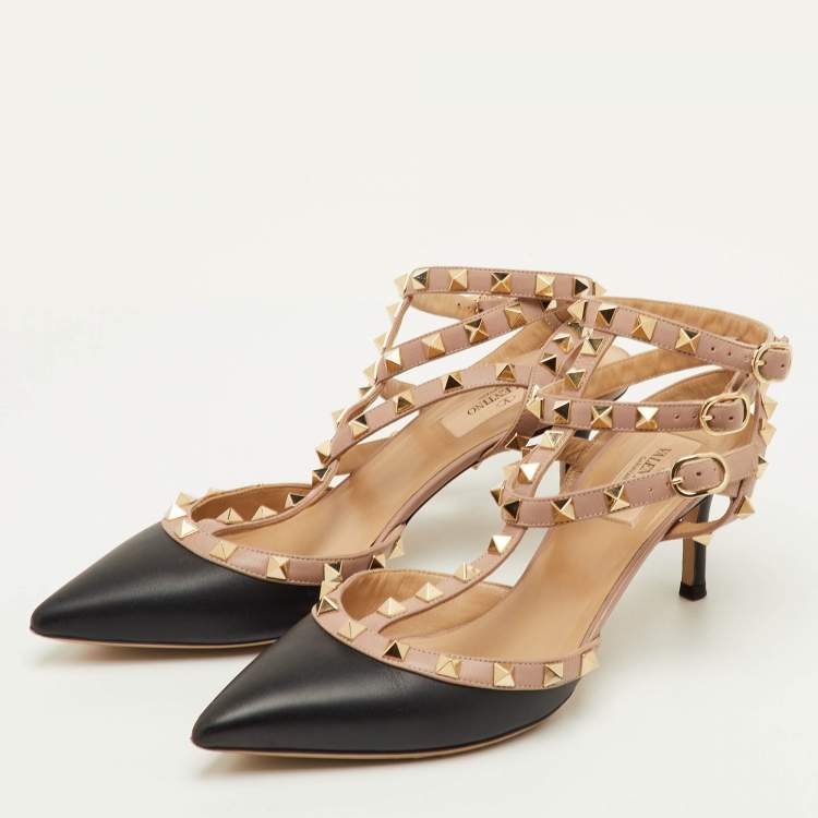 مملوكة مسبقًا Valentino Rockstud Size 39 Black/Beige Leather Ankle Strap Pumps
