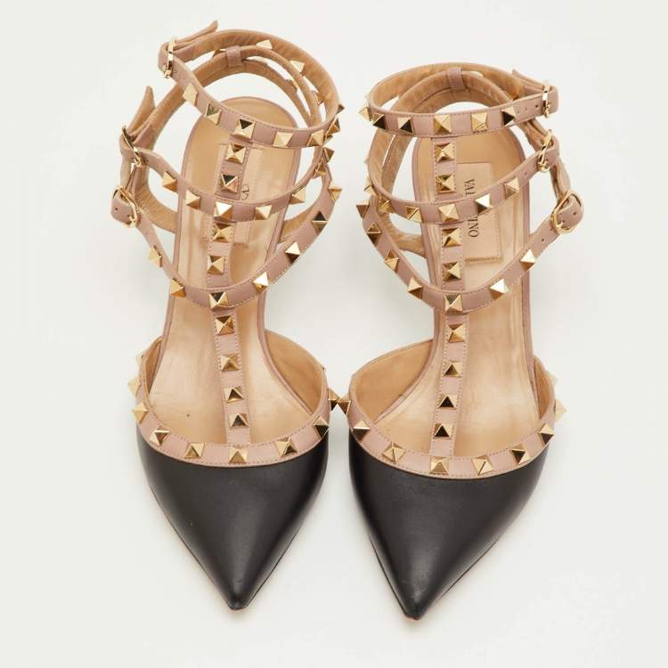 مملوكة مسبقًا Valentino Rockstud Size 39 Black/Beige Leather Ankle Strap Pumps