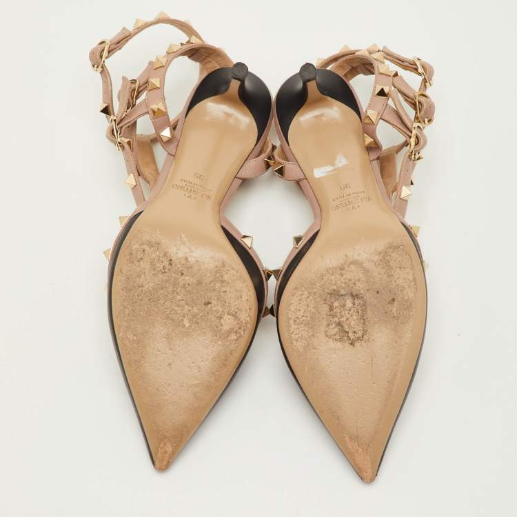 مملوكة مسبقًا Valentino Rockstud Size 39 Black/Beige Leather Ankle Strap Pumps