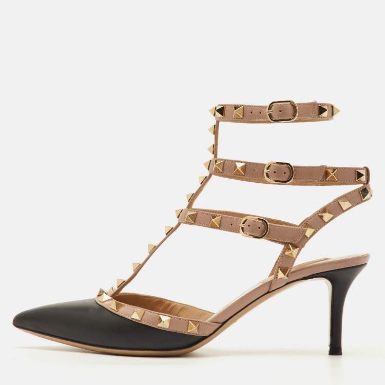مملوكة مسبقًا Valentino Rockstud Size 39 Black/Beige Leather Ankle Strap Pumps