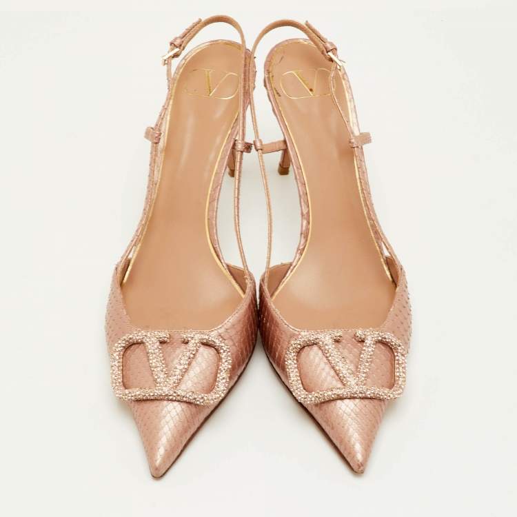 مملوكة مسبقًا Valentino VLogo Size 39.5 Metallic Rose Snakeskin Leather Slingback Pumps