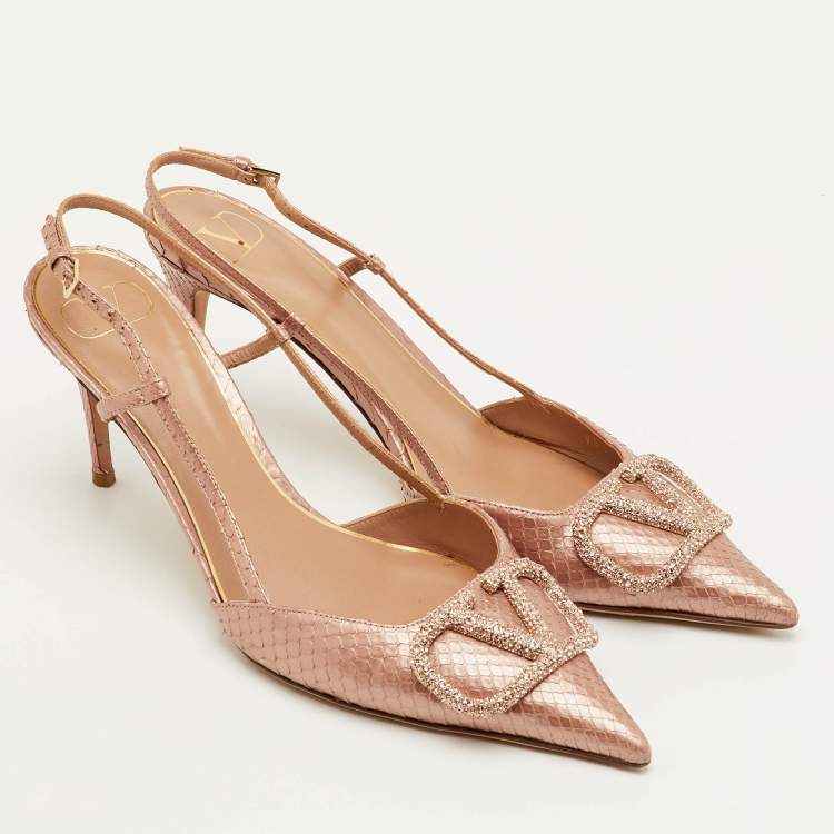 مملوكة مسبقًا Valentino VLogo Size 39.5 Metallic Rose Snakeskin Leather Slingback Pumps