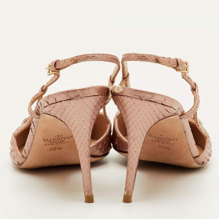 مملوكة مسبقًا Valentino VLogo Size 39.5 Metallic Rose Snakeskin Leather Slingback Pumps