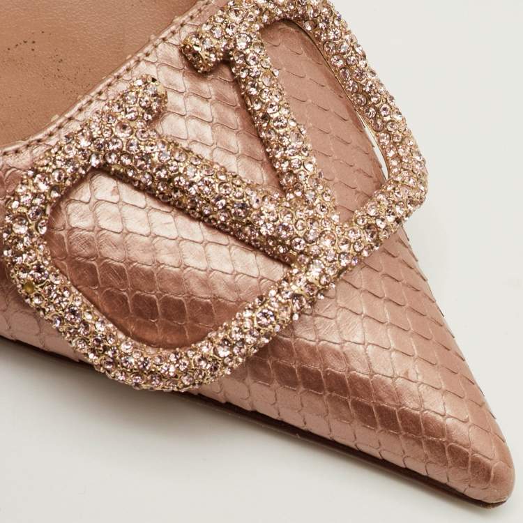 مملوكة مسبقًا Valentino VLogo Size 39.5 Metallic Rose Snakeskin Leather Slingback Pumps