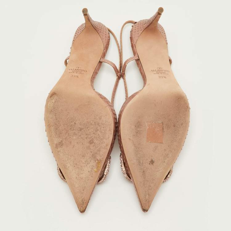 مملوكة مسبقًا Valentino VLogo Size 39.5 Metallic Rose Snakeskin Leather Slingback Pumps