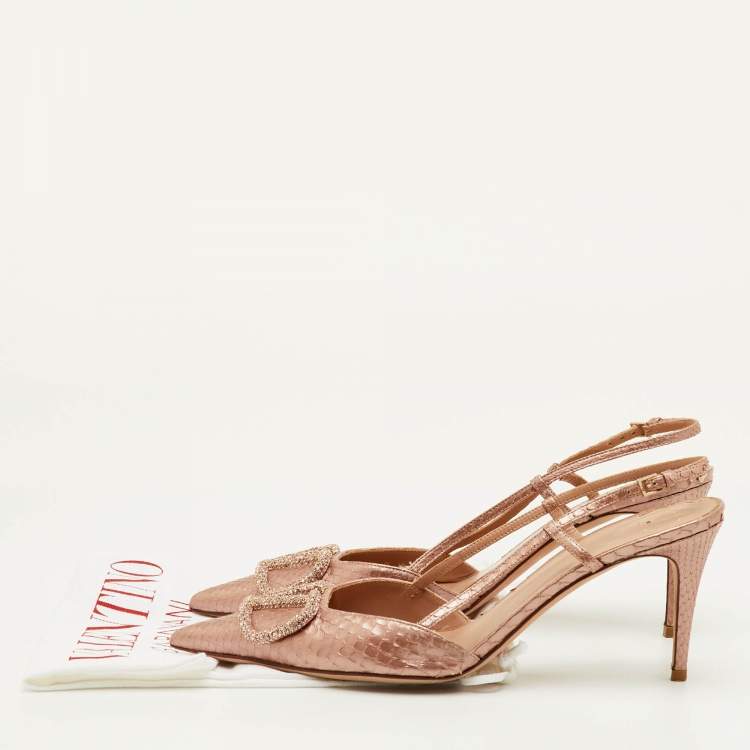 مملوكة مسبقًا Valentino VLogo Size 39.5 Metallic Rose Snakeskin Leather Slingback Pumps