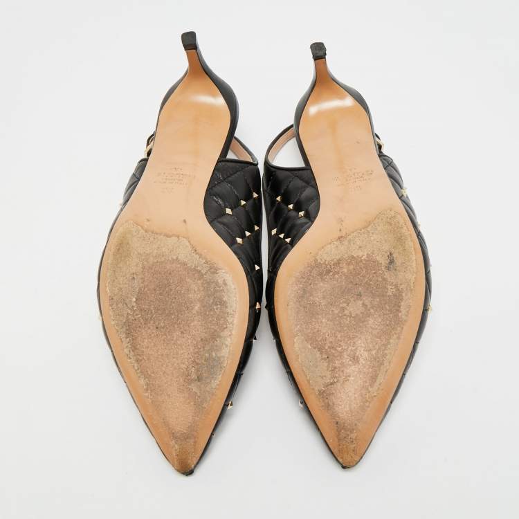 Pre Owned Valentino Rockstud Size 36 Black Quilted Leather Slingback Pumps