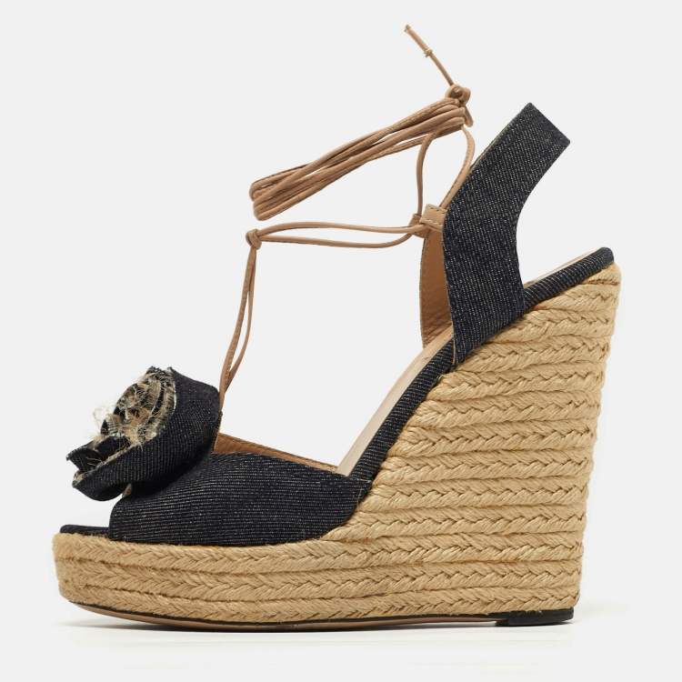 Pre Owned Valentino Flower Applique Size 38.5 Navy Blue Denim Espadrille Wedge Sandals