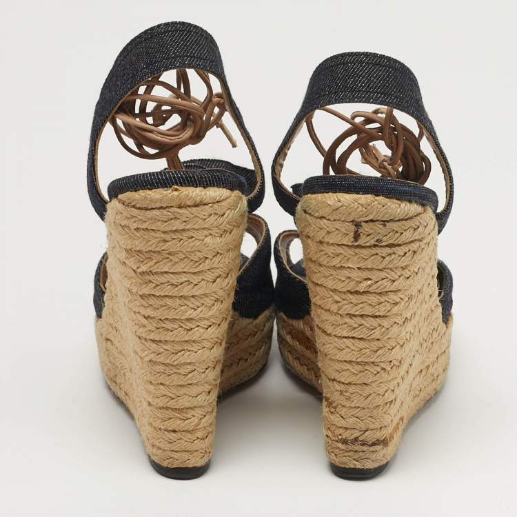 Pre Owned Valentino Flower Applique Size 38.5 Navy Blue Denim Espadrille Wedge Sandals