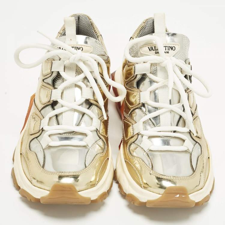 Pre Owned Valentino Bounce Size 37.5 Gold/Silver Leather Low Top Sneakers