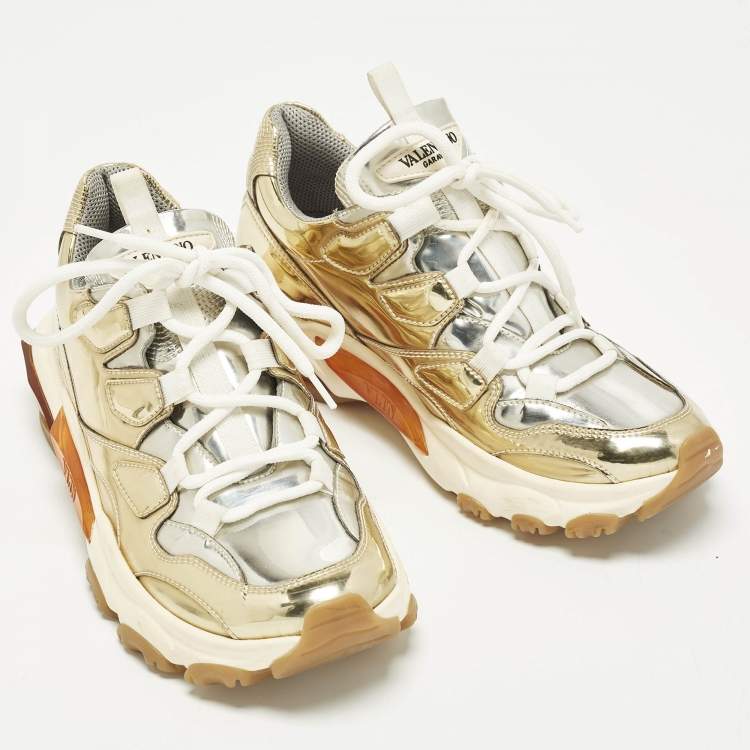 Pre Owned Valentino Bounce Size 37.5 Gold/Silver Leather Low Top Sneakers
