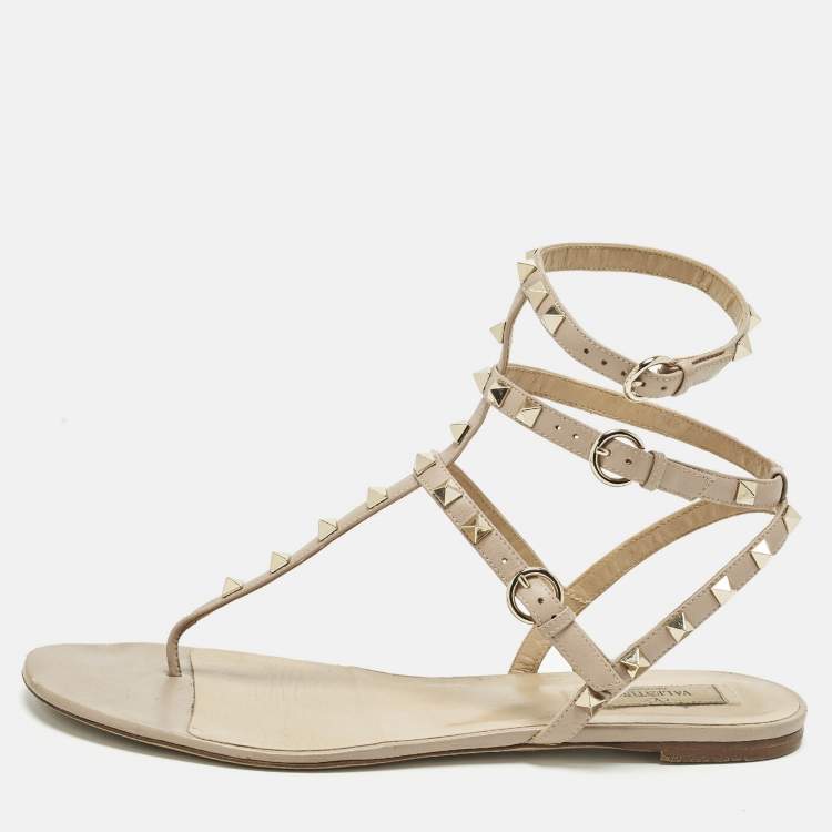 Pre Owned Valentino Rockstud Size 42 Beige Leather Ankle Strap Thong Flats