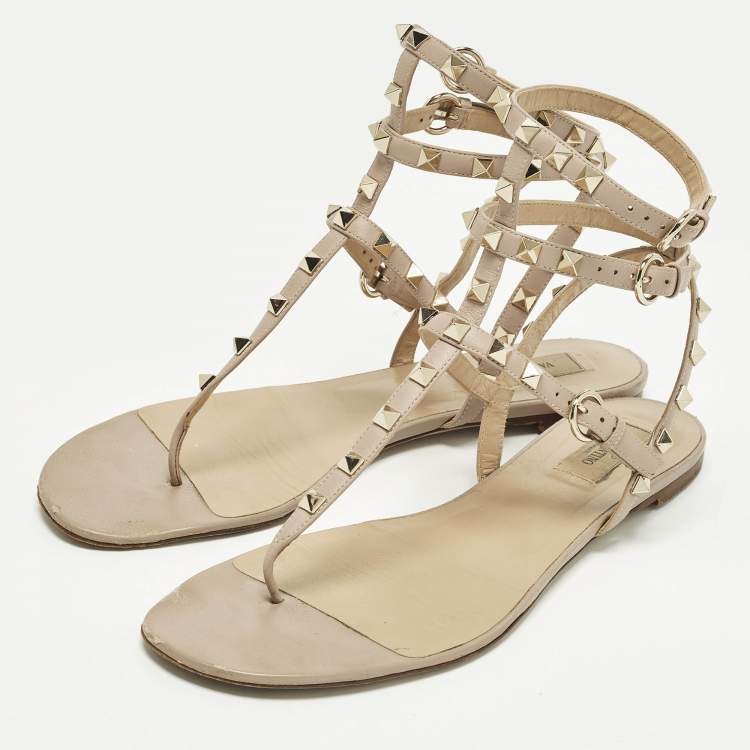Pre Owned Valentino Rockstud Size 42 Beige Leather Ankle Strap Thong Flats