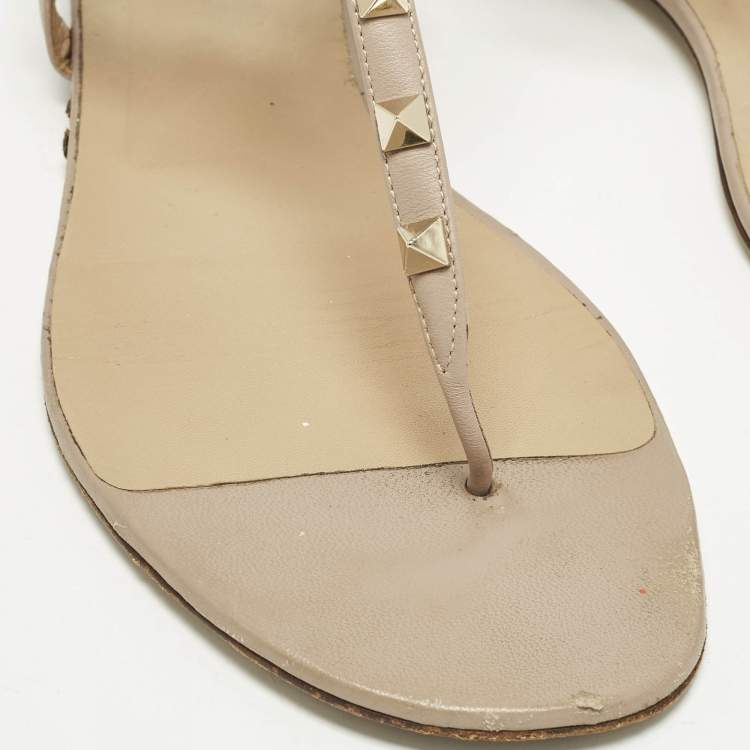 Pre Owned Valentino Rockstud Size 42 Beige Leather Ankle Strap Thong Flats