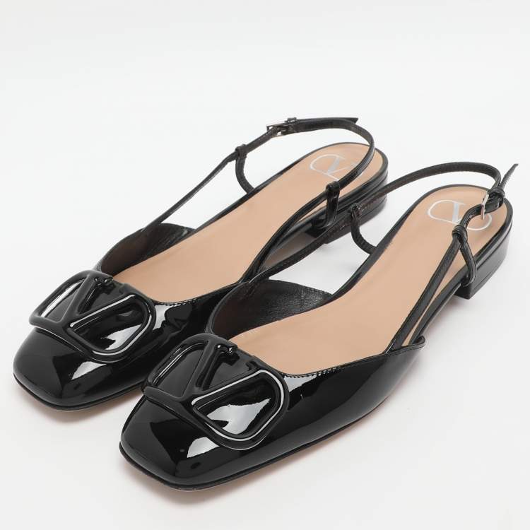 Pre Owned Valentino Escape V logo Size 38 Black Patent Leather Slingback Flats