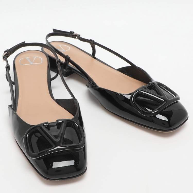 Pre Owned Valentino Escape V logo Size 38 Black Patent Leather Slingback Flats