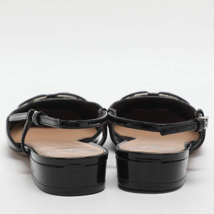 Pre Owned Valentino Escape V logo Size 38 Black Patent Leather Slingback Flats