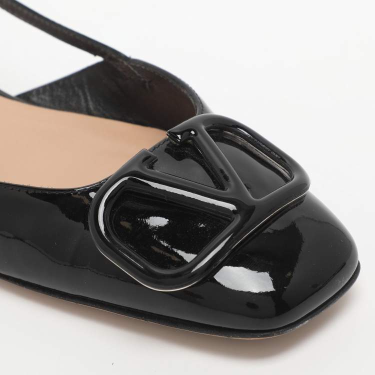 Pre Owned Valentino Escape V logo Size 38 Black Patent Leather Slingback Flats