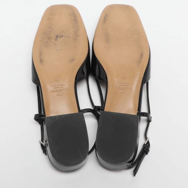Pre Owned Valentino Escape V logo Size 38 Black Patent Leather Slingback Flats