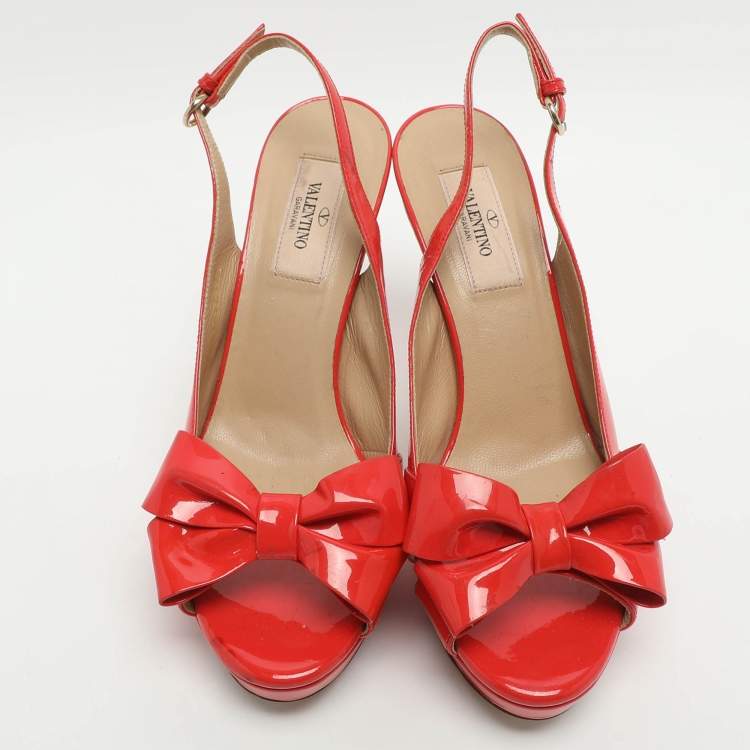 Pre Owned Valentino Bow Size 37 Red Patent Leather Slingback Platform Sandals