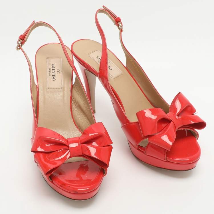 Pre Owned Valentino Bow Size 37 Red Patent Leather Slingback Platform Sandals