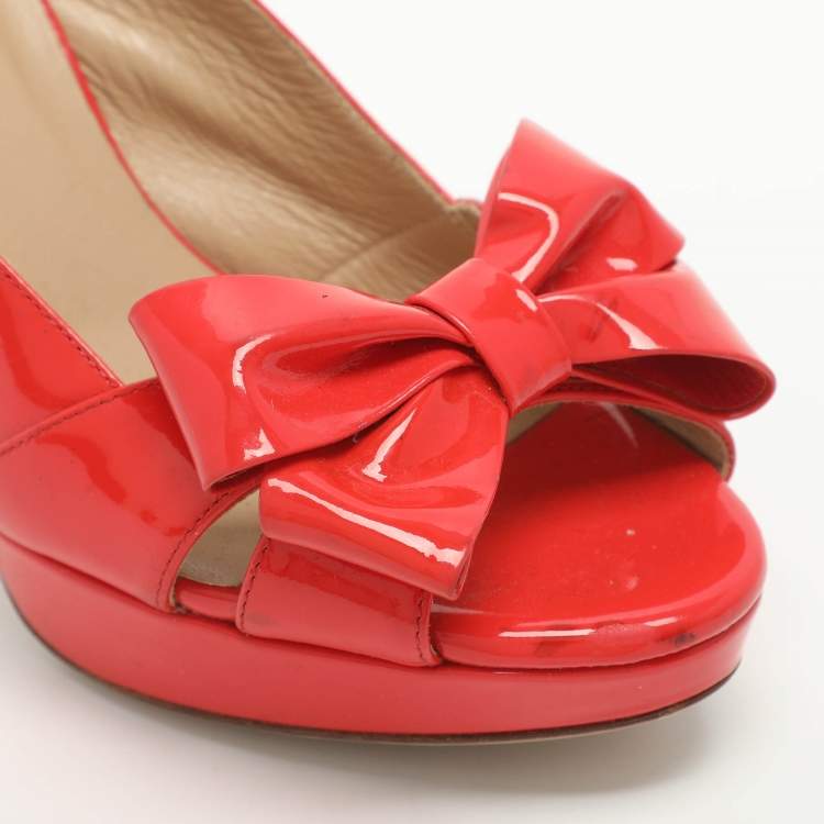 Pre Owned Valentino Bow Size 37 Red Patent Leather Slingback Platform Sandals