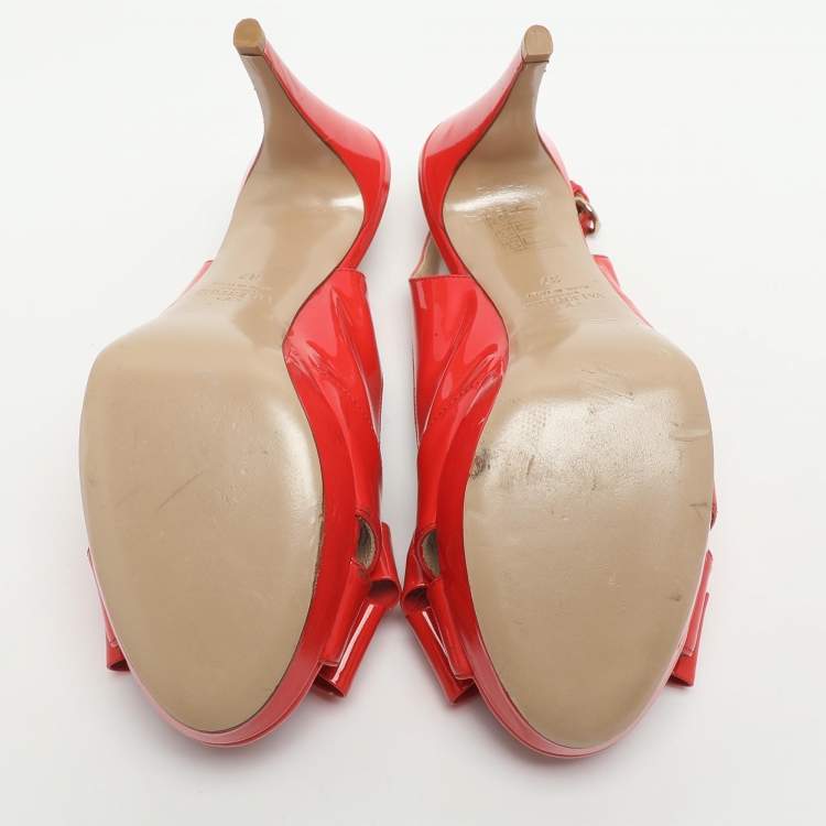 Pre Owned Valentino Bow Size 37 Red Patent Leather Slingback Platform Sandals