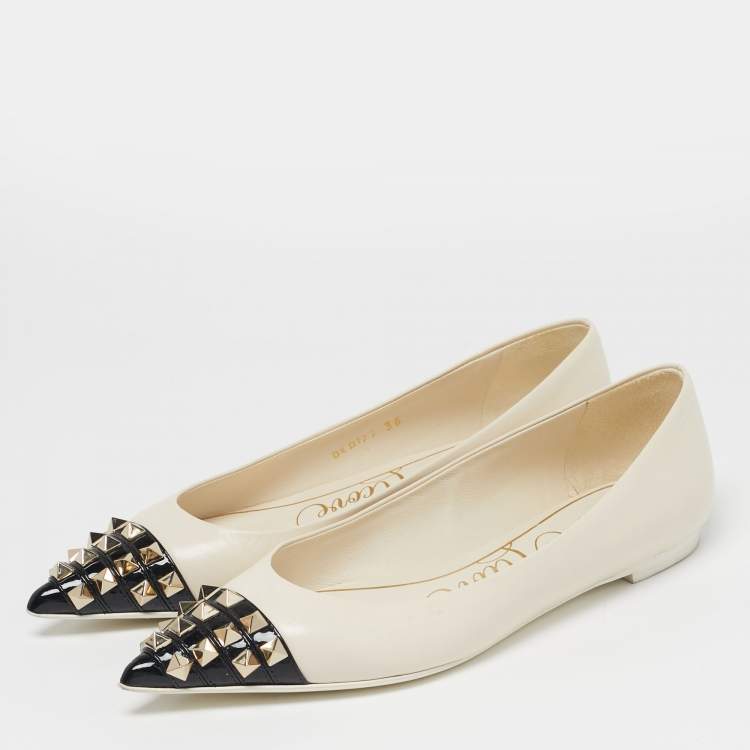 Pre Owned Valentino Rockstud Size 36 White/Black Leather Pointed Cap Toe Ballet Flats