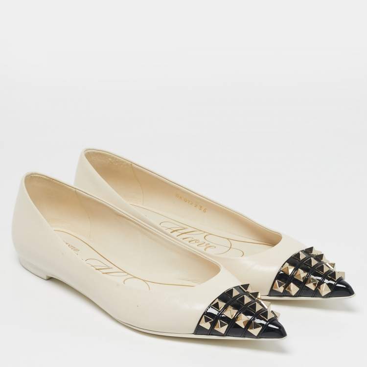 Pre Owned Valentino Rockstud Size 36 White/Black Leather Pointed Cap Toe Ballet Flats