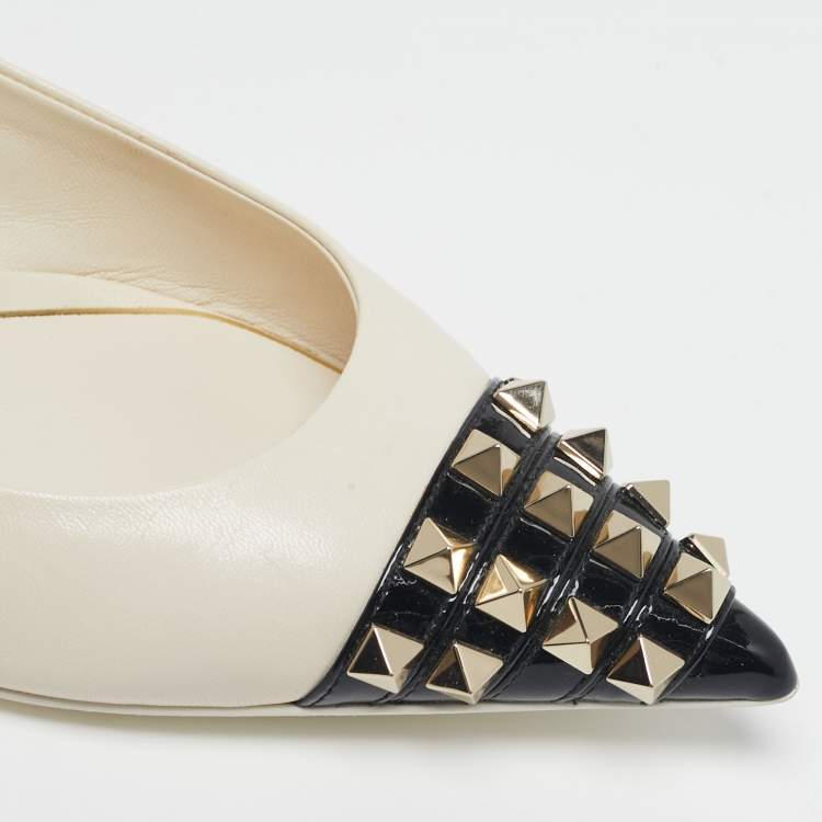 Pre Owned Valentino Rockstud Size 36 White/Black Leather Pointed Cap Toe Ballet Flats