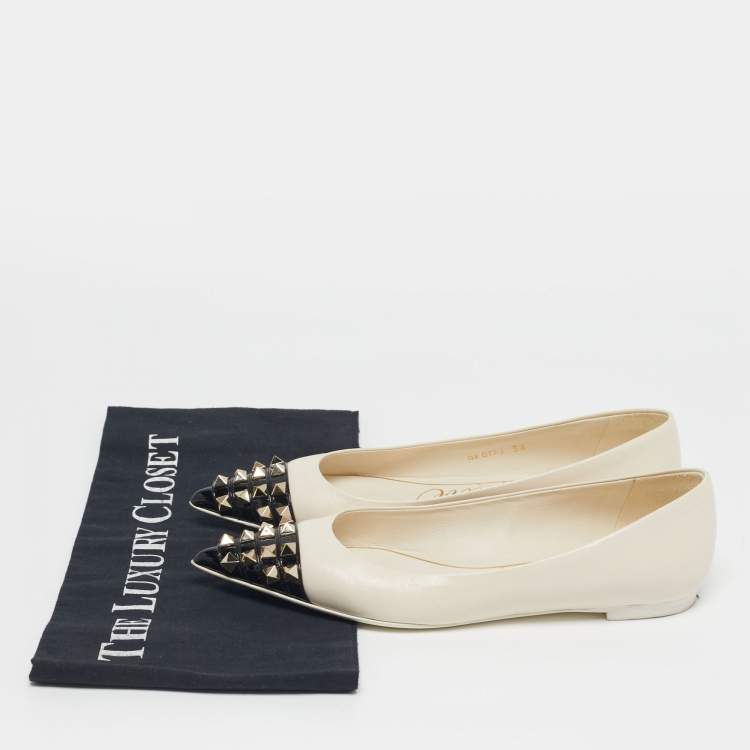Pre Owned Valentino Rockstud Size 36 White/Black Leather Pointed Cap Toe Ballet Flats