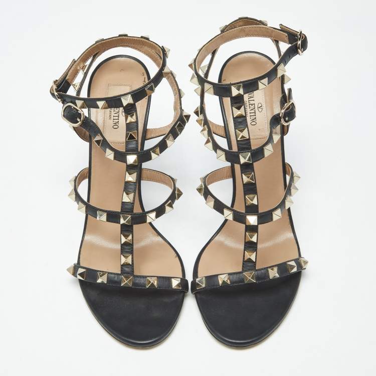 Pre Owned Valentino Rockstud Size 38.5 Black Leather Ankle Strap Sandals