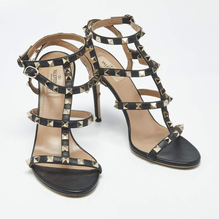 Pre Owned Valentino Rockstud Size 38.5 Black Leather Ankle Strap Sandals