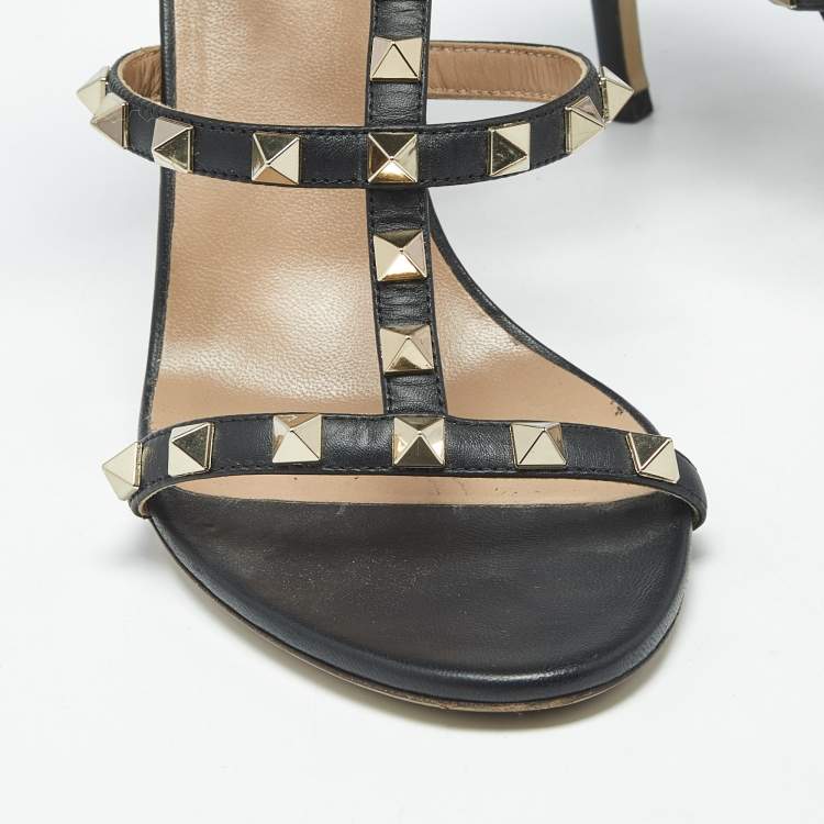 Pre Owned Valentino Rockstud Size 38.5 Black Leather Ankle Strap Sandals