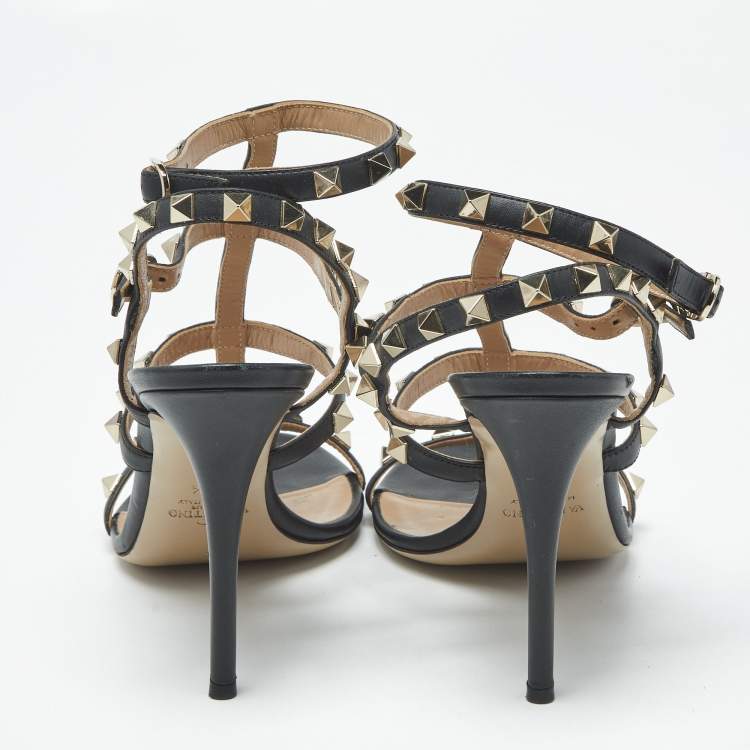 Pre Owned Valentino Rockstud Size 38.5 Black Leather Ankle Strap Sandals