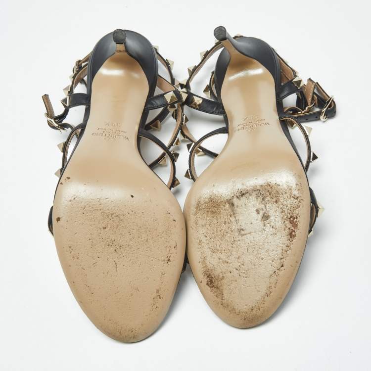Pre Owned Valentino Rockstud Size 38.5 Black Leather Ankle Strap Sandals